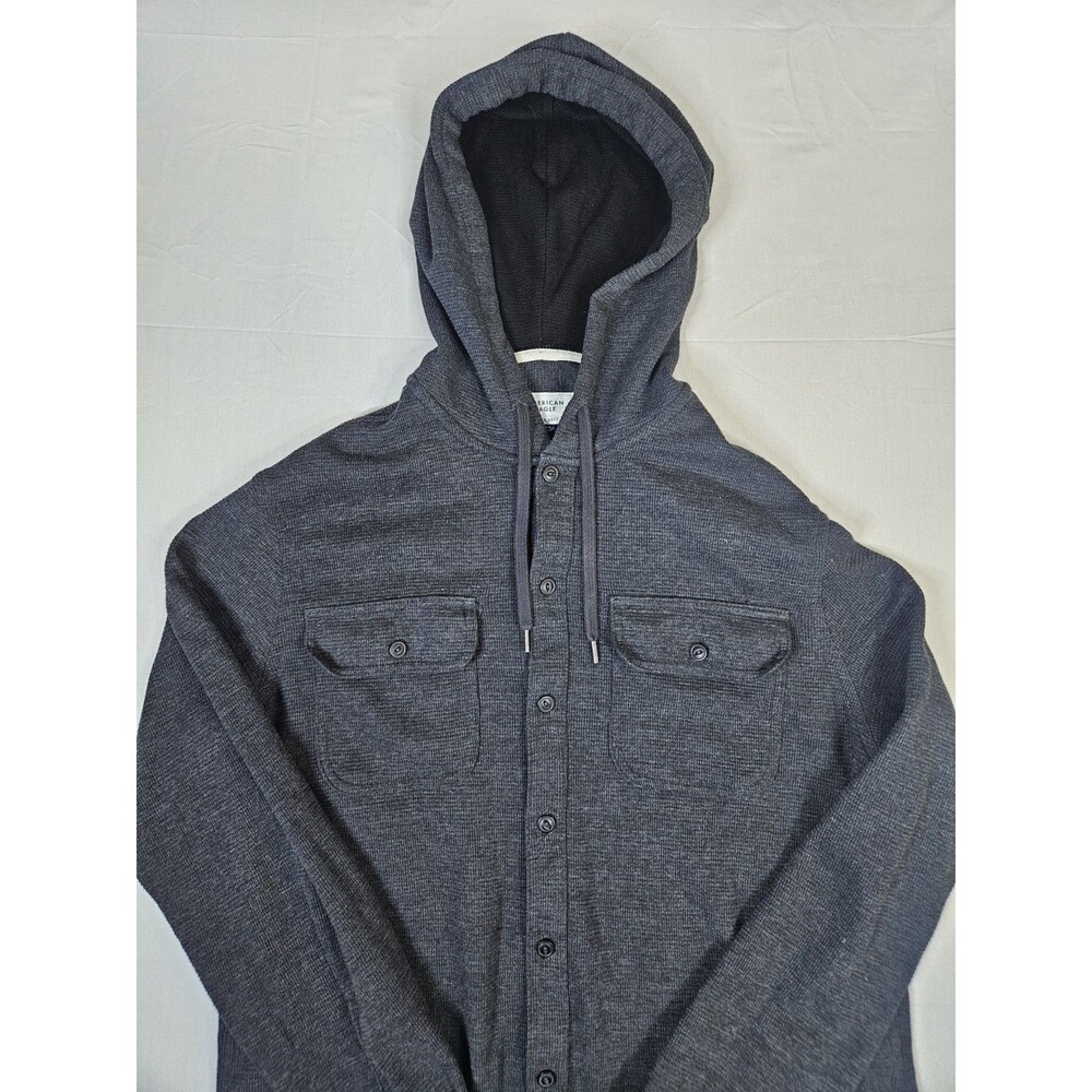 American Eagle Shirt Men Medium Gray Hoodie Jacket Button Waffle Knit Thermal